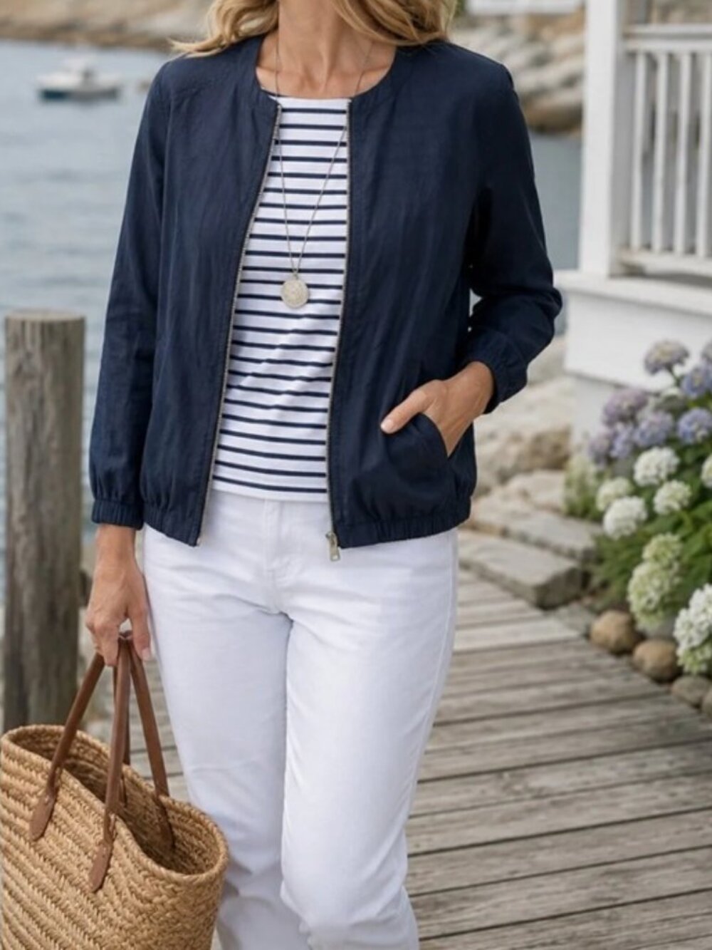 Olsen Europe linen bomber-style jacket navy blue women's size M-L